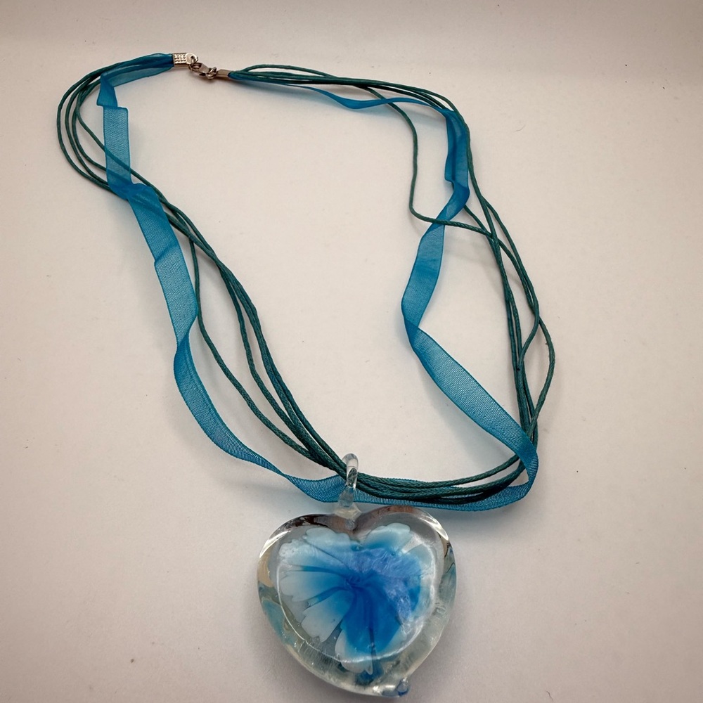 Vintage Murano Style Handblown Glass Flower Heart Pendant Blue Ribbon Necklace
